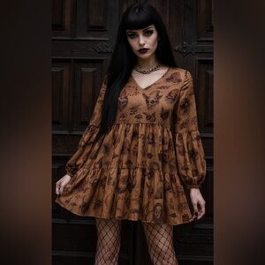 Gold Sketch Fantasy Print Mini Dress Gothic Fairy Goblincore Witchy Boho XS
